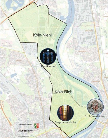 Karte der Kölner Stadtteile Niehl und Riehl mit markierten Kirchen.